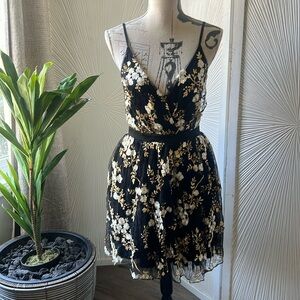 Black Fit and Flare Dress with Gold Embroidery – Runs Large